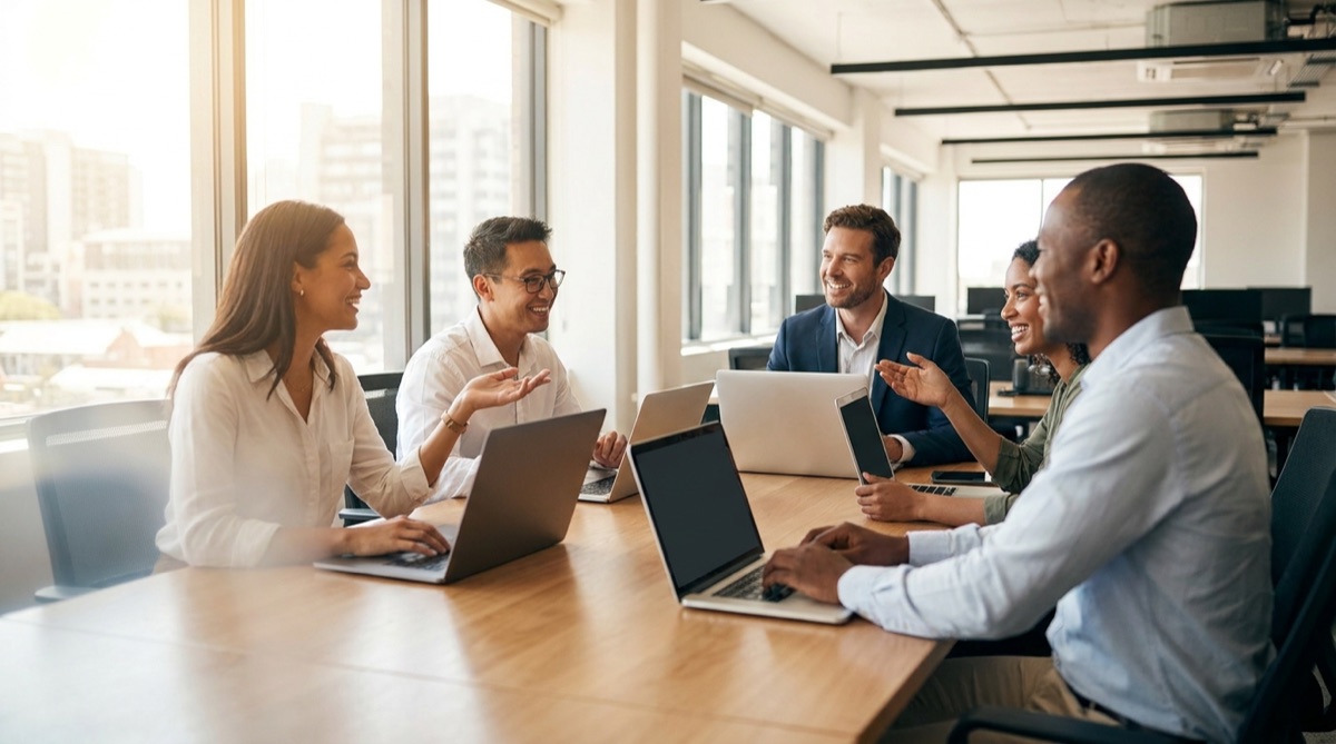 Mid-market HR and finance team comparing HCM software options in a modern office